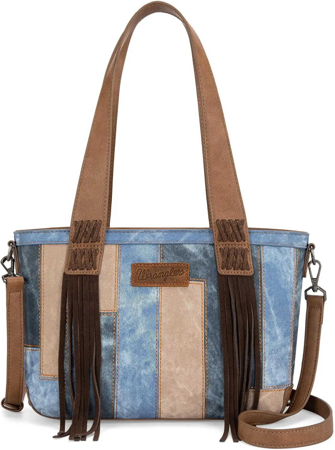 Wrangler Western Fringe Tote Bag for Women, Vintage Patchwork Shoulder Handbag, Denim-Look Crossbody Purse