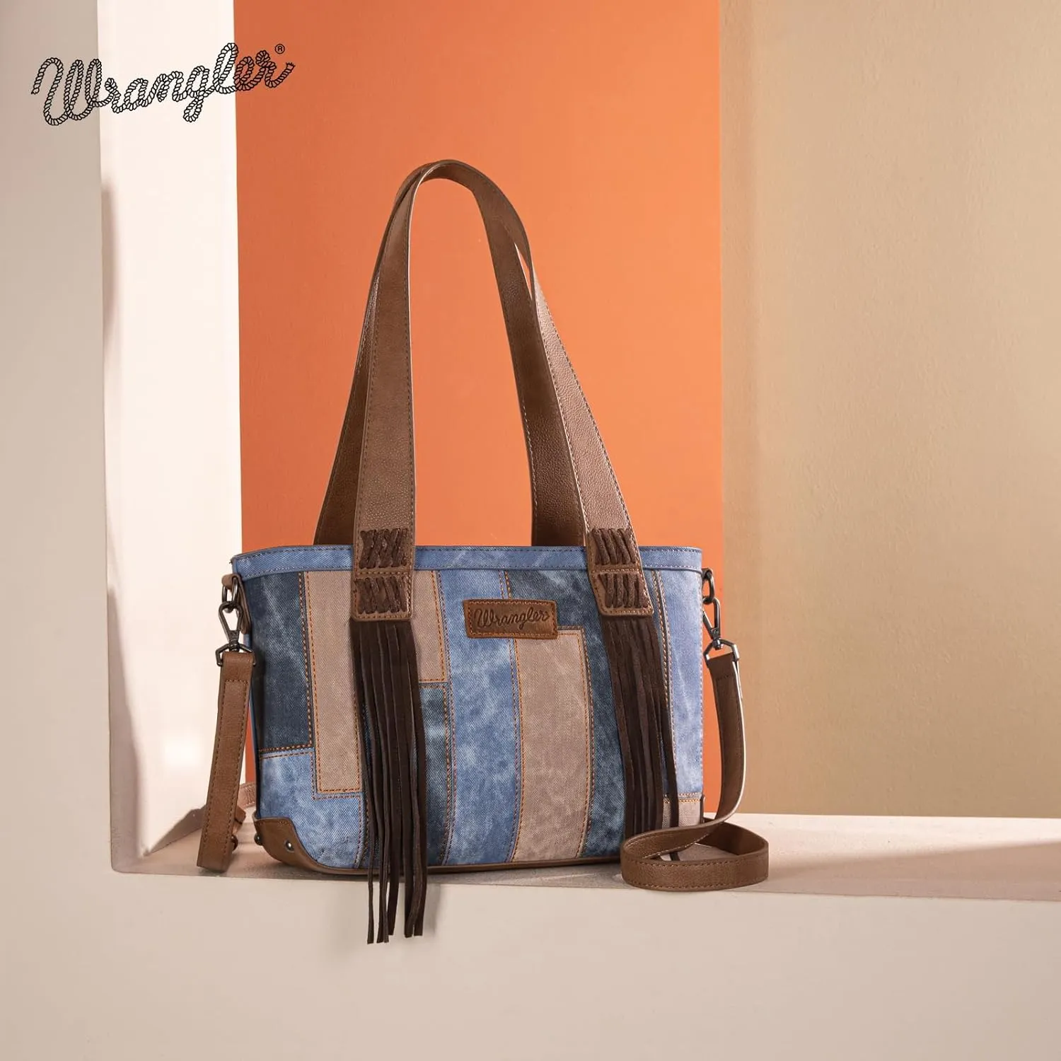 Wrangler Western Fringe Tote Bag for Women, Vintage Patchwork Shoulder Handbag, Denim-Look Crossbody Purse