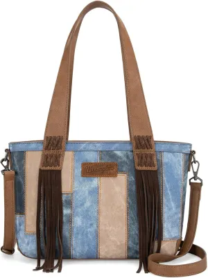 Wrangler Western Fringe Tote Bag for Women, Vintage Patchwork Shoulder Handbag, Denim-Look Crossbody Purse