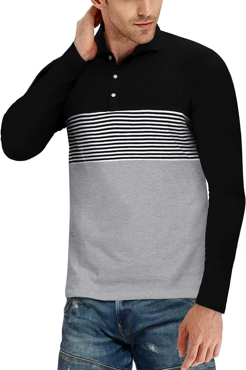 YTD Men's Short Sleeve Polo Shirts Casual Slim Fit Contrast Color Stitching Stripe Cotton Shirts