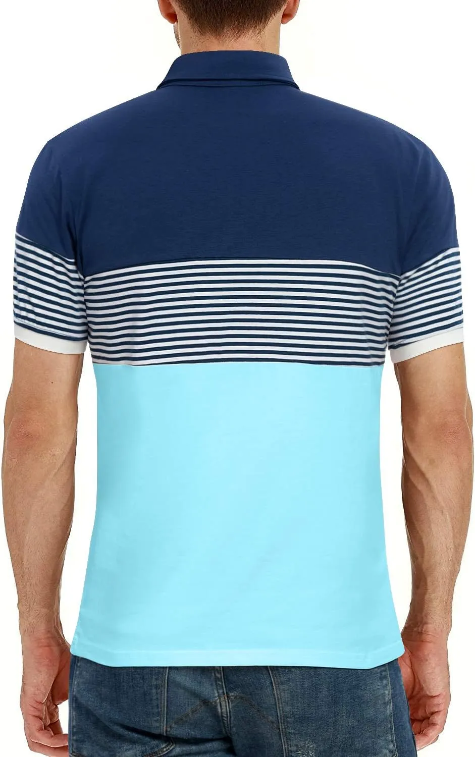 YTD Men's Short Sleeve Polo Shirts Casual Slim Fit Contrast Color Stitching Stripe Cotton Shirts
